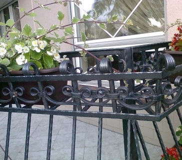 Schwarzes Metallgeländer mit Blumentopf und weißen Blüten