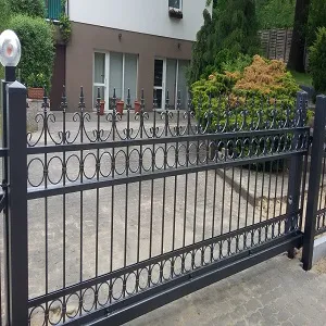 Schwarzes schmiedeeisernes Tor vor einem Haus